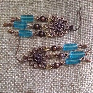 Handmade! Copper & Aqua Glass Rod Chandelier Earrings ~ Floral Flowers Tassels